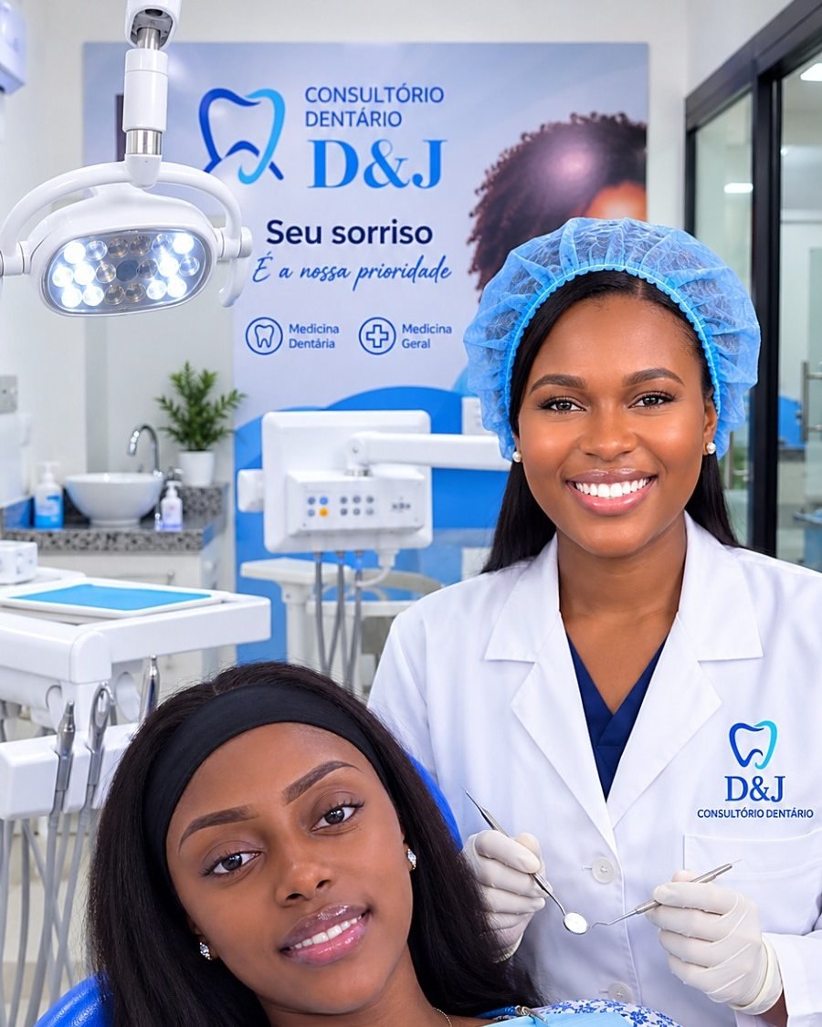 Médica dentista e paciente num gabinete da D&J Consultório Dentário, em Talatona, Luanda